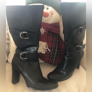 Black leather heeled boots